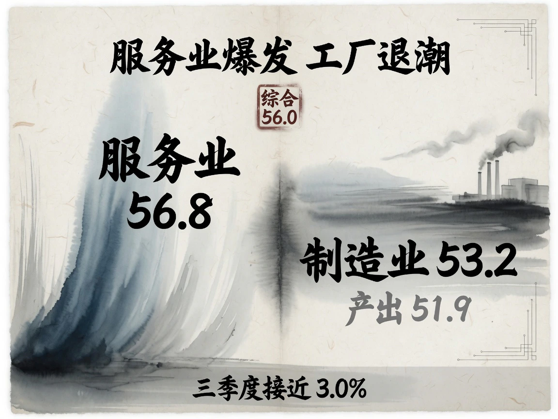 服务业PMI升至56.8、制造业降至53.2，综合56.0；产出51.9为13个月低点，调查指向三季度折年接近3.0%