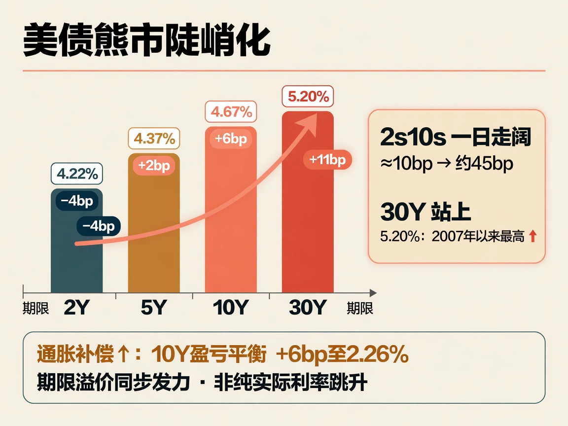 美债熊市陡峭化:2Y 4.22%(-4bp) 10Y 4.67%(+6bp) 30Y 5.20%(+11bp),30年期重返2007年以来高位