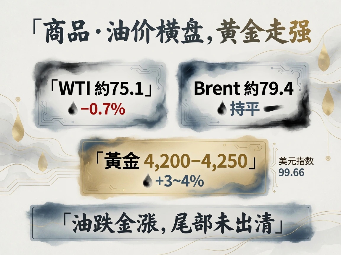 商品:WTI约75.1 -0.7%、Brent约79.4持平、黄金4200-4250 +3~4%、美元指数99.66