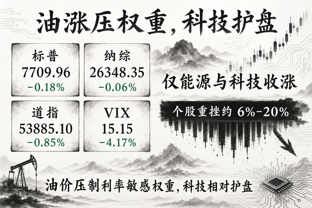 股市油涨压权重科技护盘：标普7709.96(−0.18%)、纳综26348.35(−0.06%)、道指53885.10(−0.85%)、VIX 15.15(−4.17%)，仅能源与科技收涨