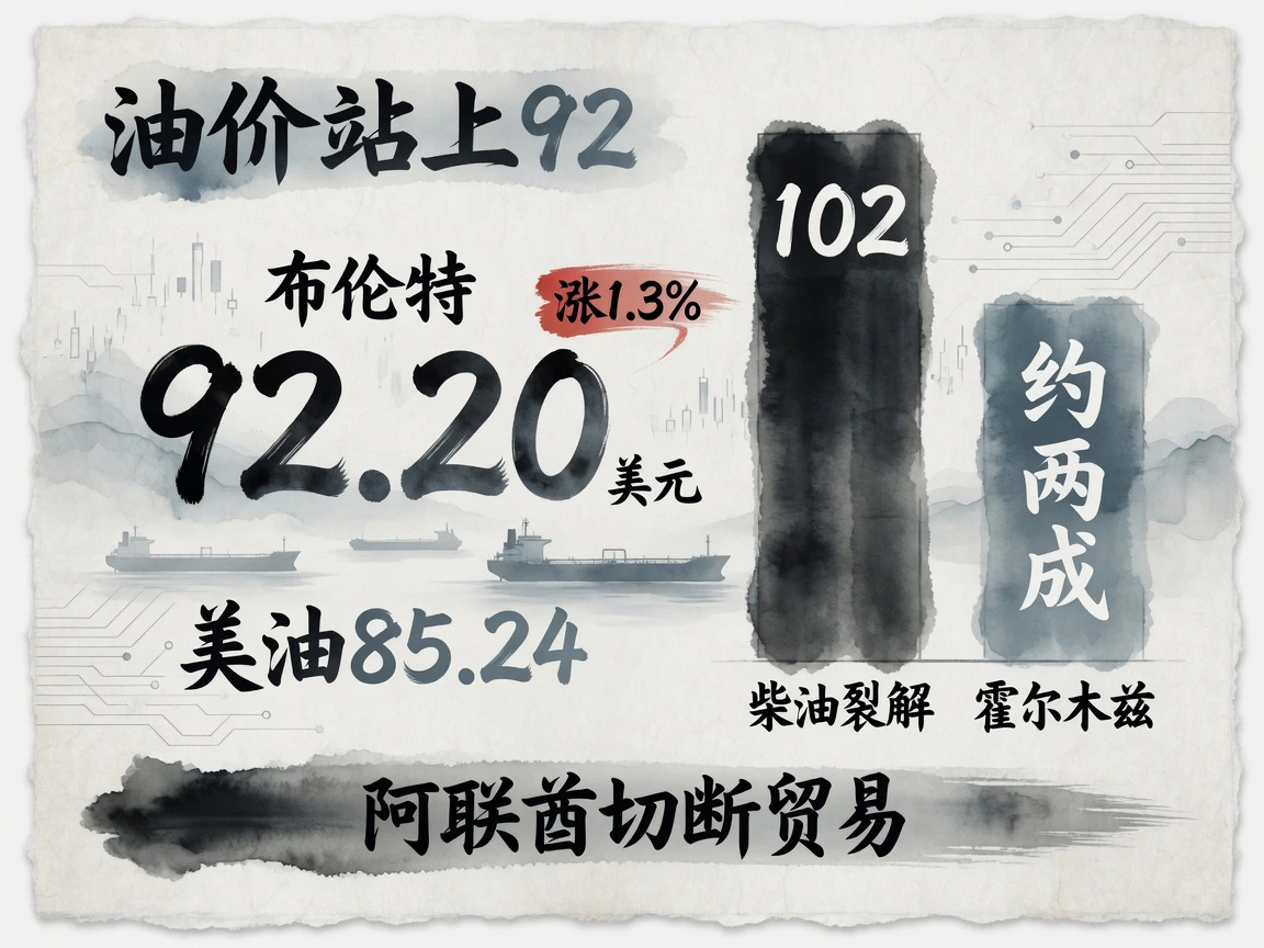 布伦特涨1.3%至92.20美元,美油85.24,柴油裂解102,霍尔木兹约两成;阿联酋切断对伊贸易