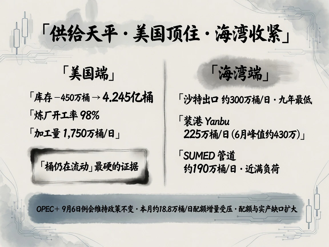 供给天平:美国端库存去化450万桶、开工率98%,海湾端沙特出口约300万桶/日九年最低、Yanbu与SUMED收紧