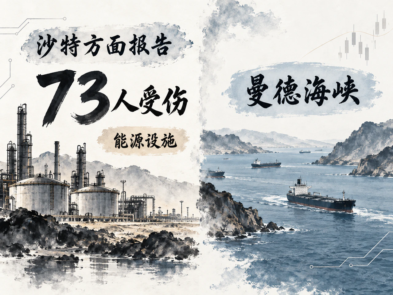 沙特报告袭击造成73人受伤，设施受影响不等于海峡关闭。