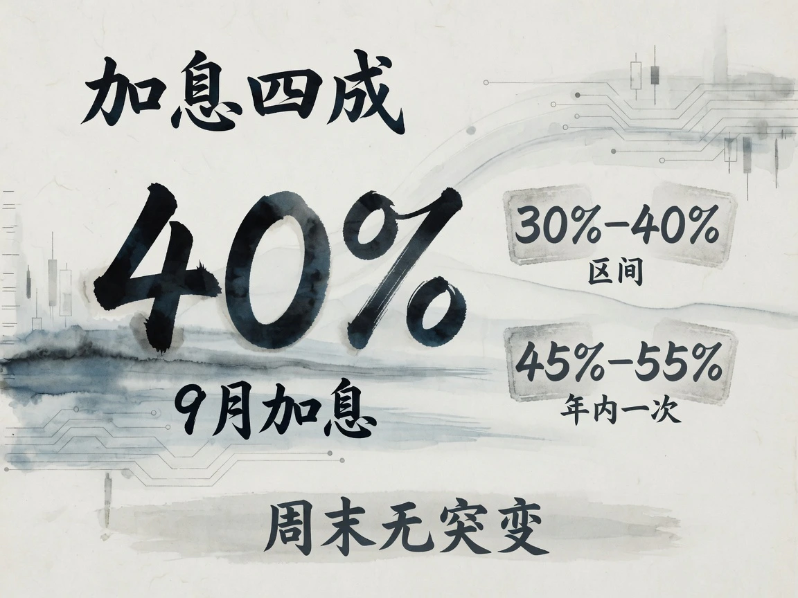 截至8月23日,9月加息25基点概率约40%,读数落在30%–40%;年内至少加息一次约45%–55%,周末无突变