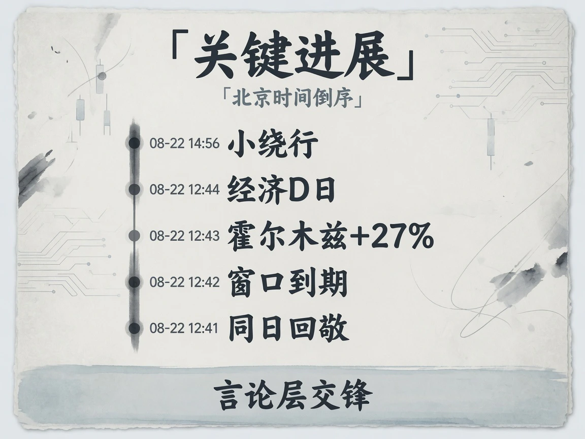 关键进展倒序：14:56小绕行、12:44经济D日、12:43霍尔木兹+27%、12:42窗口到期、12:41同日回敬
