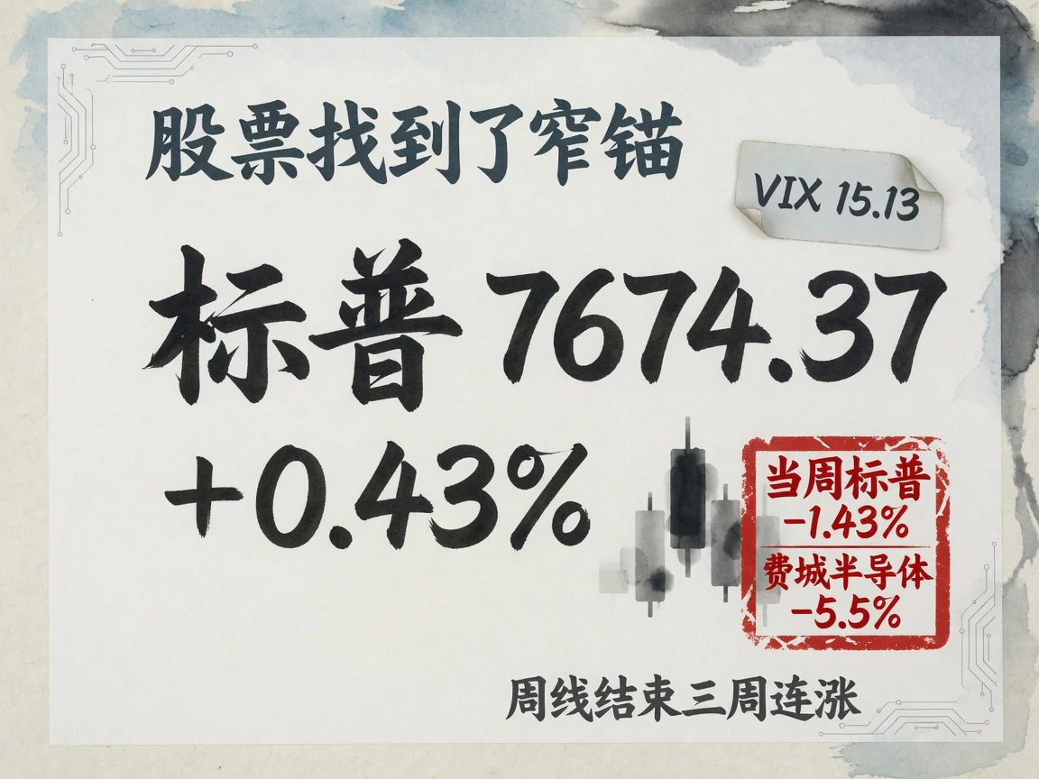 标普500收7674.37涨0.43%，VIX回落至15.13；当周标普跌1.43%，费城半导体一周跌约5.5%