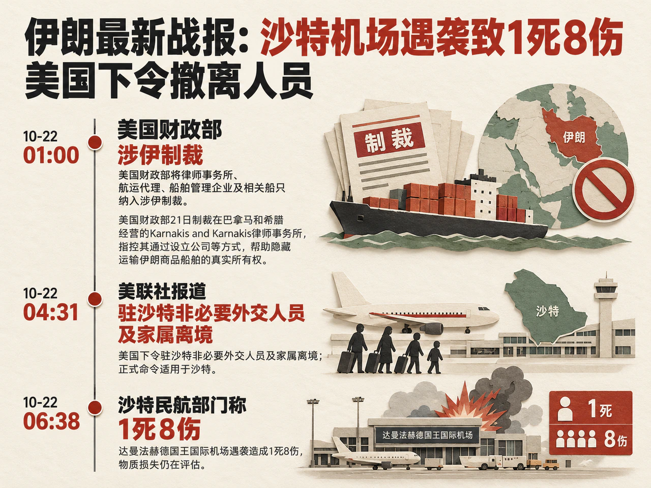 October 22 timeline: 01:00 sanctions, 04:31 U.S. departure report and 06:38 Dammam casualty report.