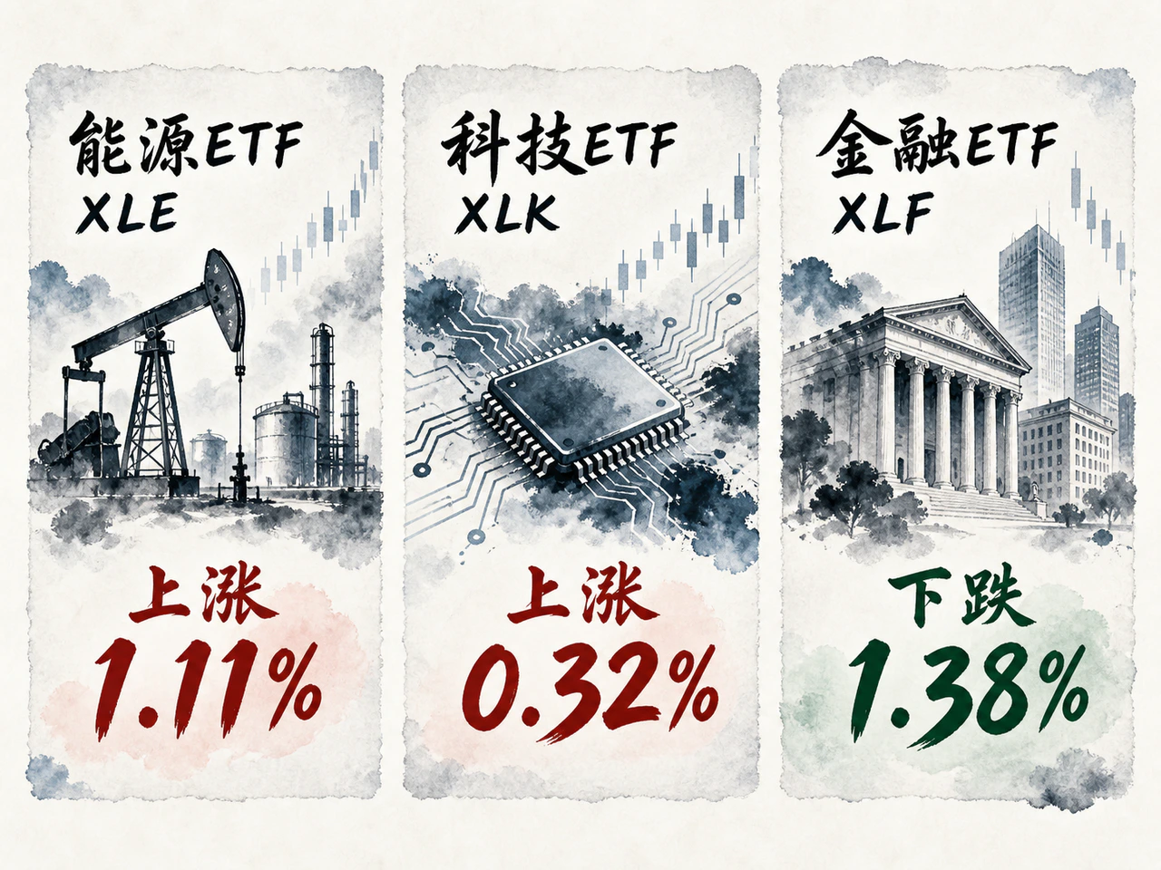 能源和科技ETF上涨,金融ETF下跌,行业表现分化。