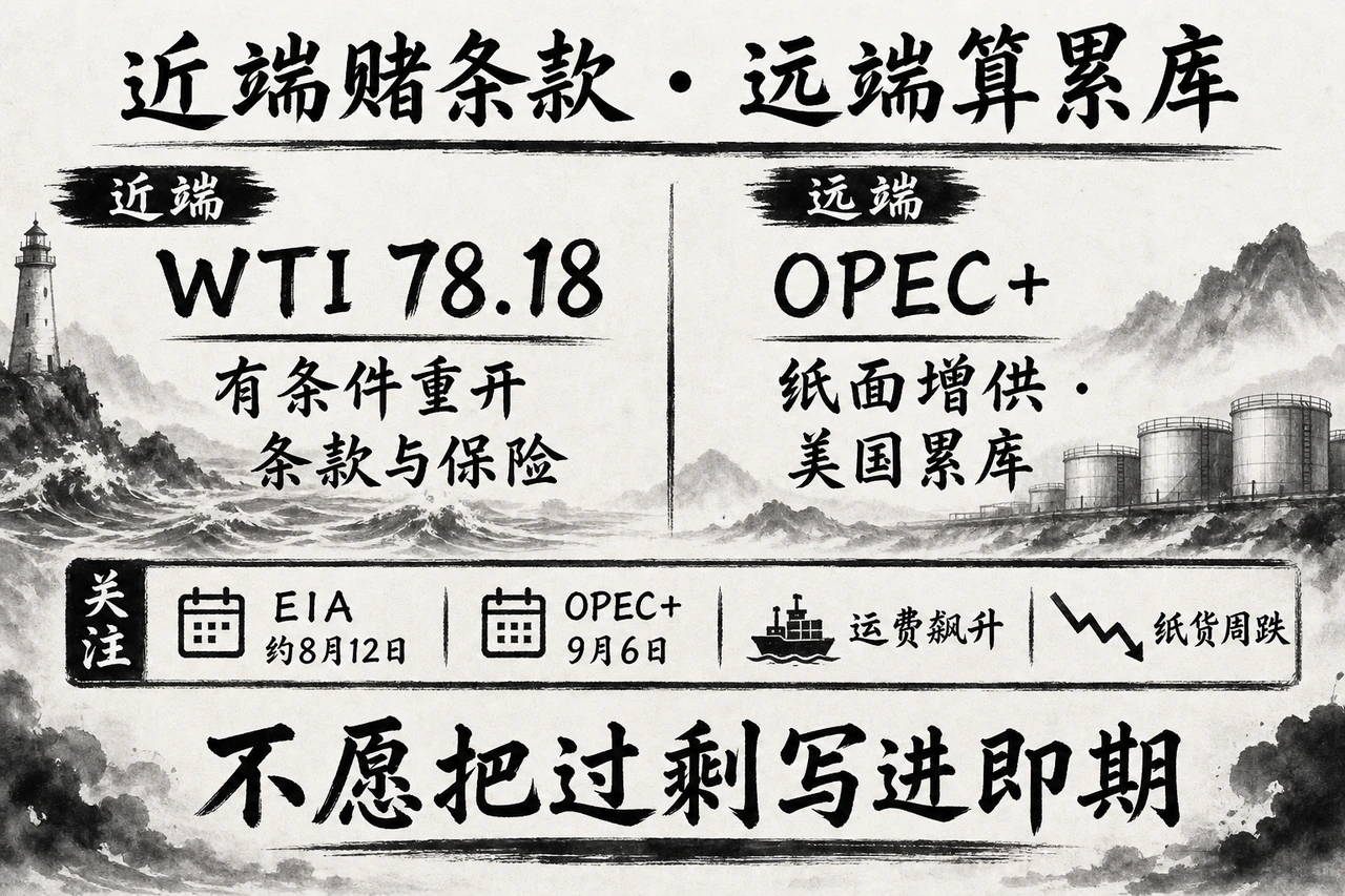 近端赌有条件重开条款（锚定周五WTI结算78.18），远端算OPEC+9月纸面增供与美国商业原油累库；观察点霍尔木兹日过境、EIA约8月12日与OPEC+9月6日；运费飙升与纸货周跌阶段性背离
