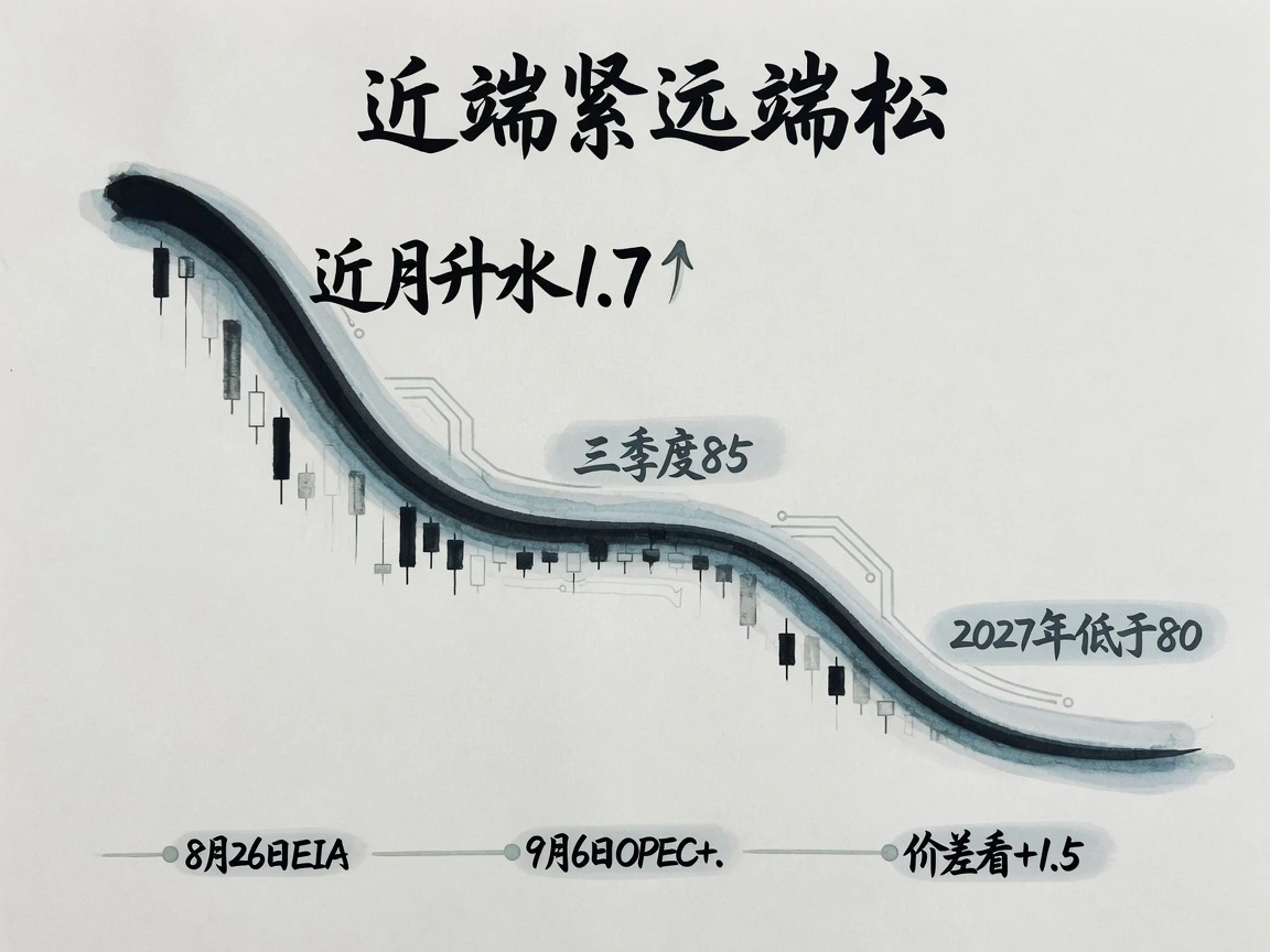近端升水 1.7、远端 2027 年低于 80；往后看 8 月 26 日 EIA、9 月 6 日 OPEC+、价差 +1.5