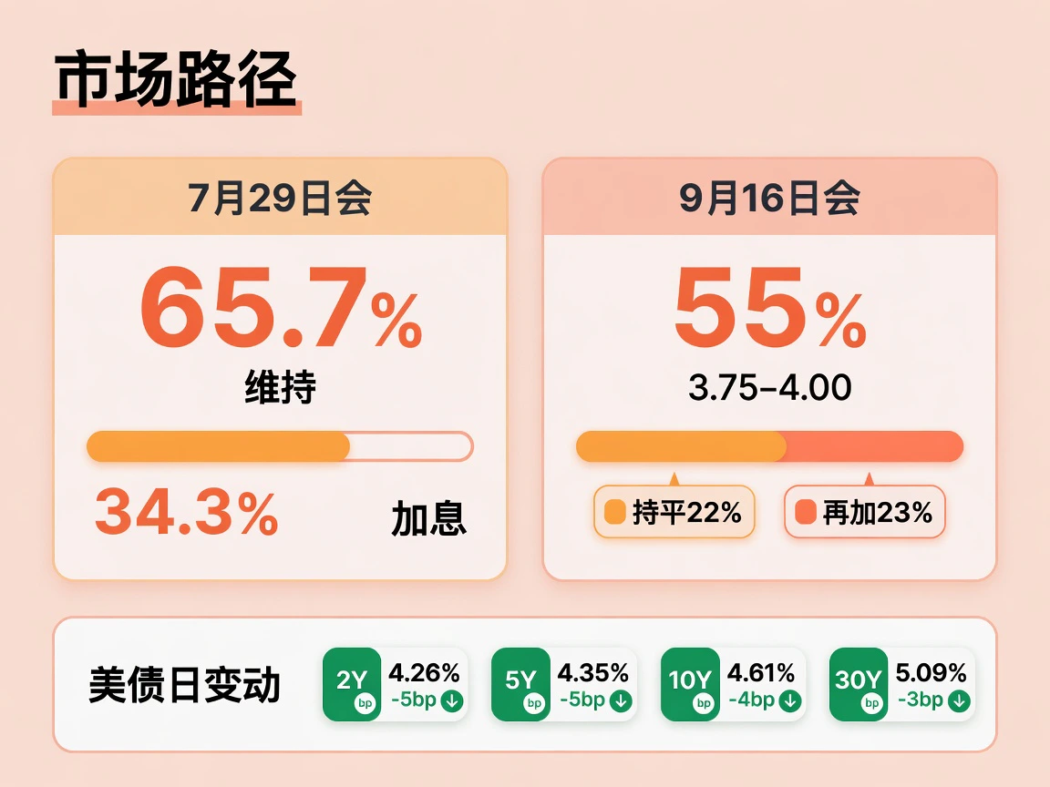 市场路径:7月维持约65.7%、加息约34.3%;9月3.75–4.00约55%;美债短端回落