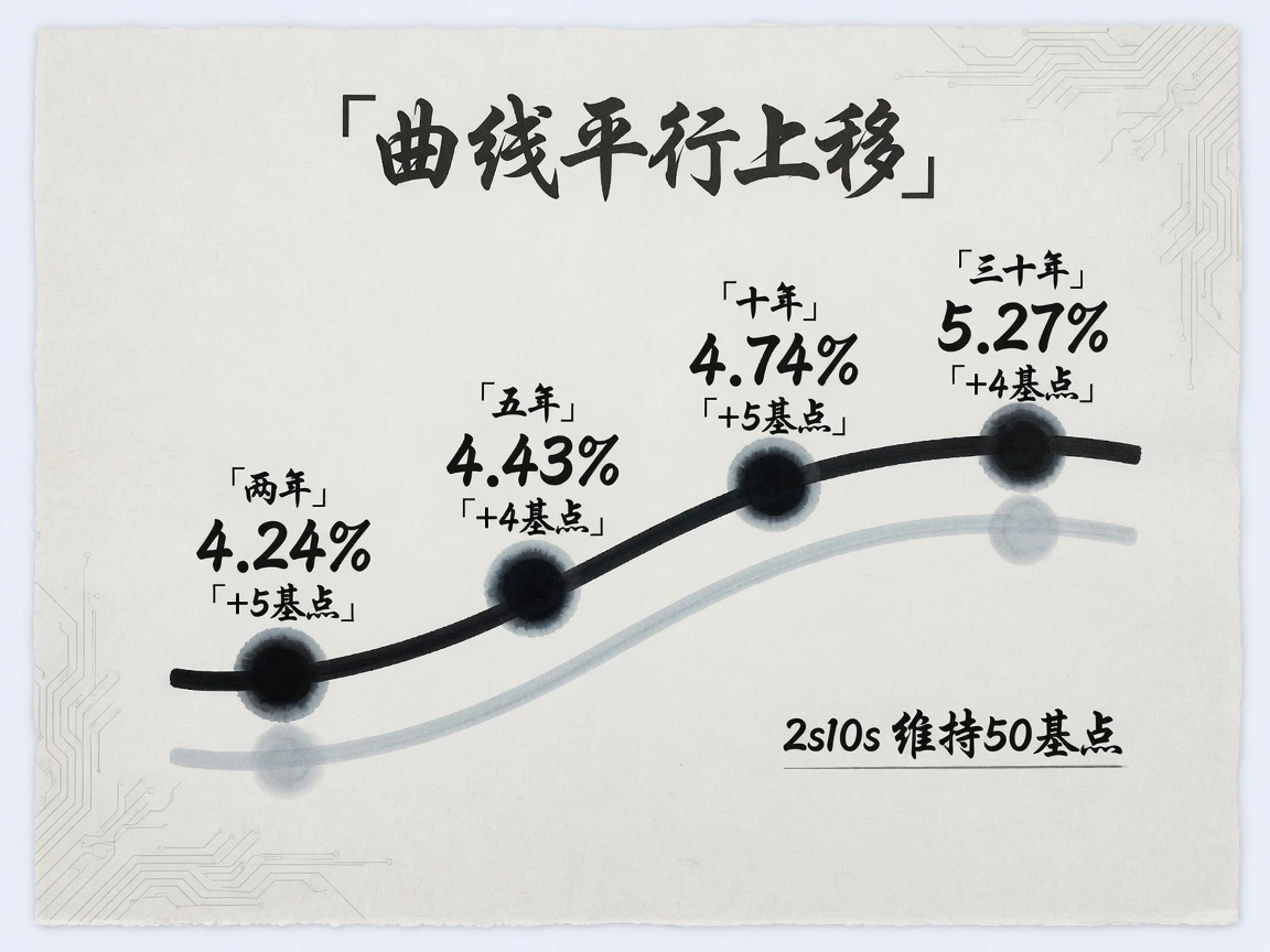 美债曲线平行上移：两年期4.24%升5基点，五年期4.43%升4基点，十年期4.74%升5基点，三十年期5.27%升4基点，2s10s维持50基点