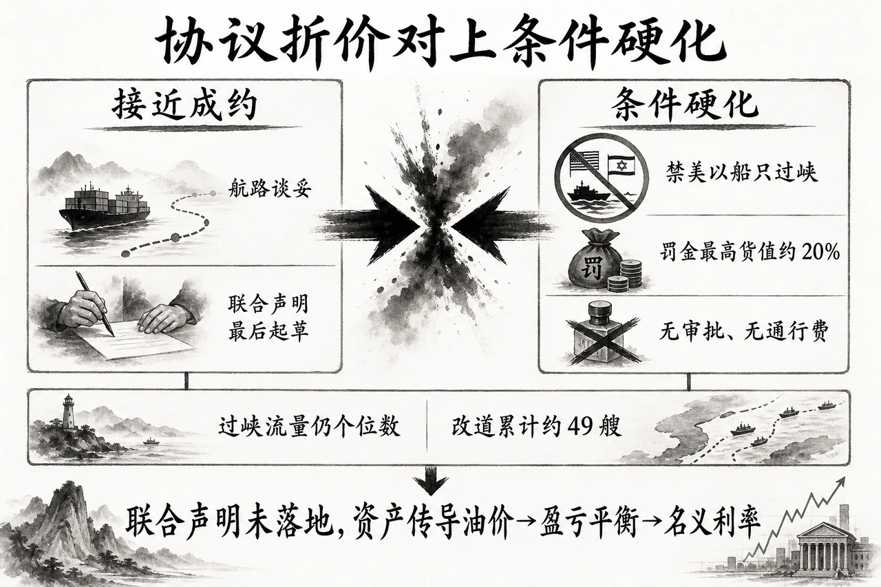 地缘协议折价对上条件硬化：禁美以船只过峡、罚金最高货值约20%，过峡流量仍个位数、改道累计约49艘，联合声明未落地