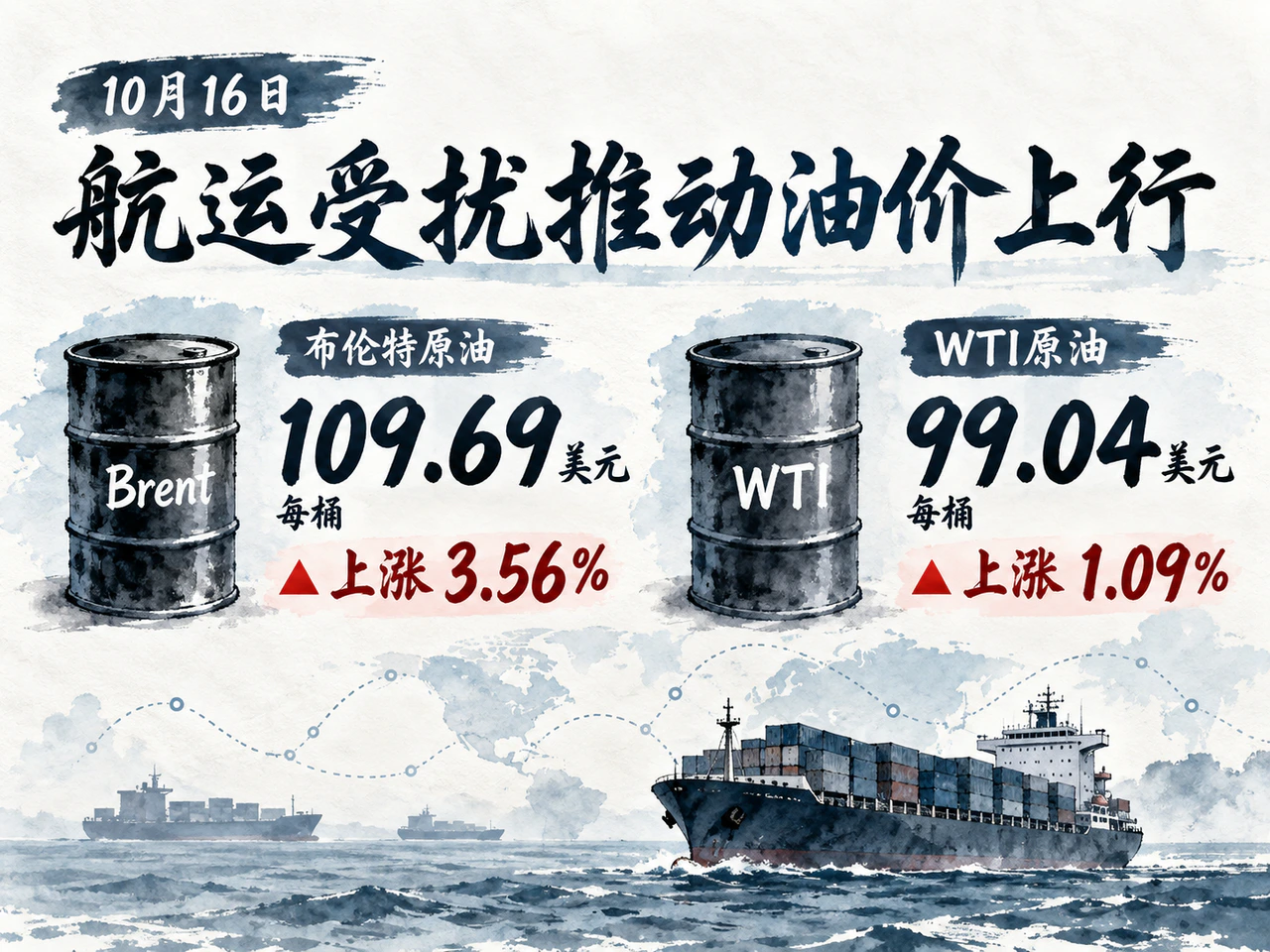 10月16日布伦特和WTI供应商日收盘上涨,成品油恢复滞后