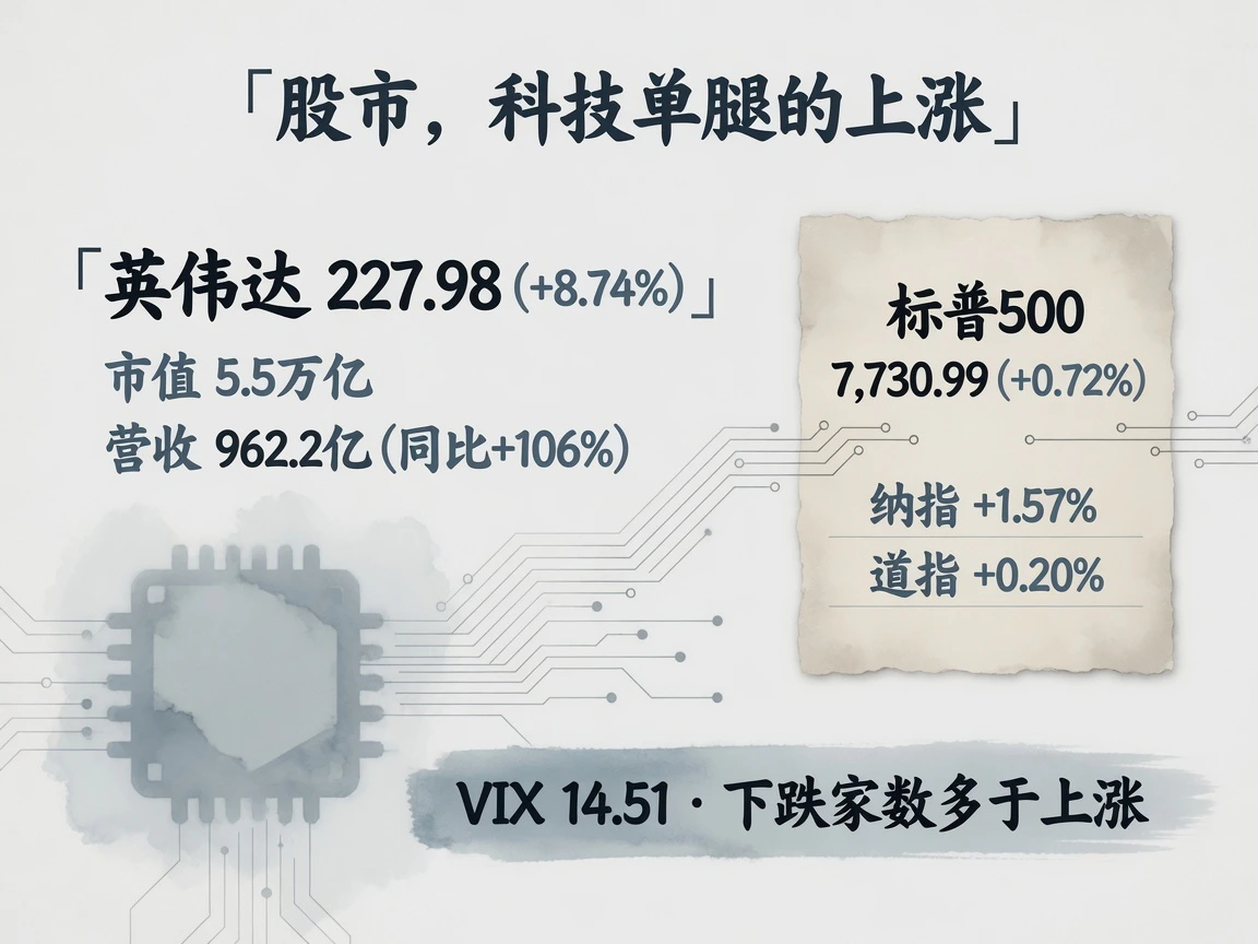 股市:英伟达227.98(+8.74%)撑起科技单腿,标普500收7,730.99(+0.72%),VIX 14.51