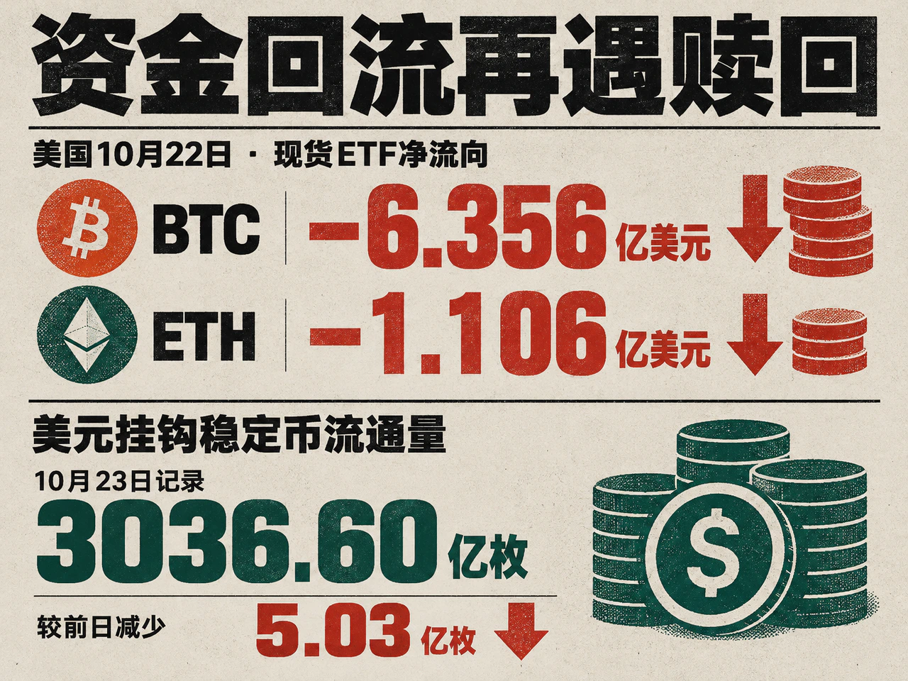 Bitcoin and Ether ETF redemptions alongside lower stablecoin circulation