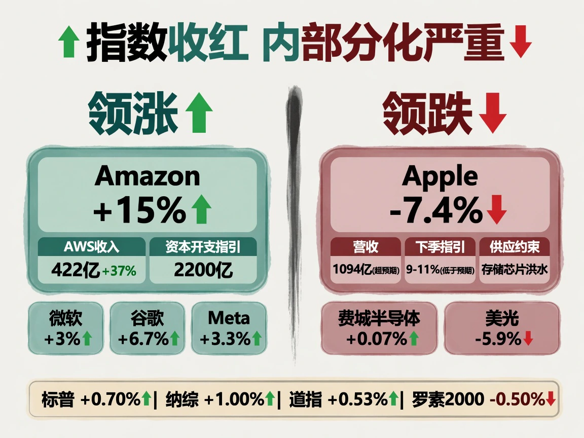 美股内部分化:亚马逊+15%, 苹果-7.4%, 标普+0.70%, 纳综+1.00%