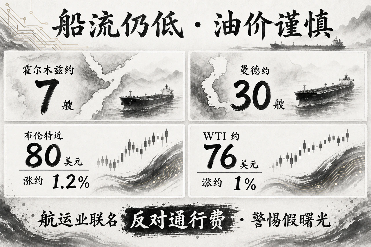 船流仍低：霍尔木兹约7艘、曼德约30艘；布伦特近80美元、WTI约76美元；航运业反对通行费