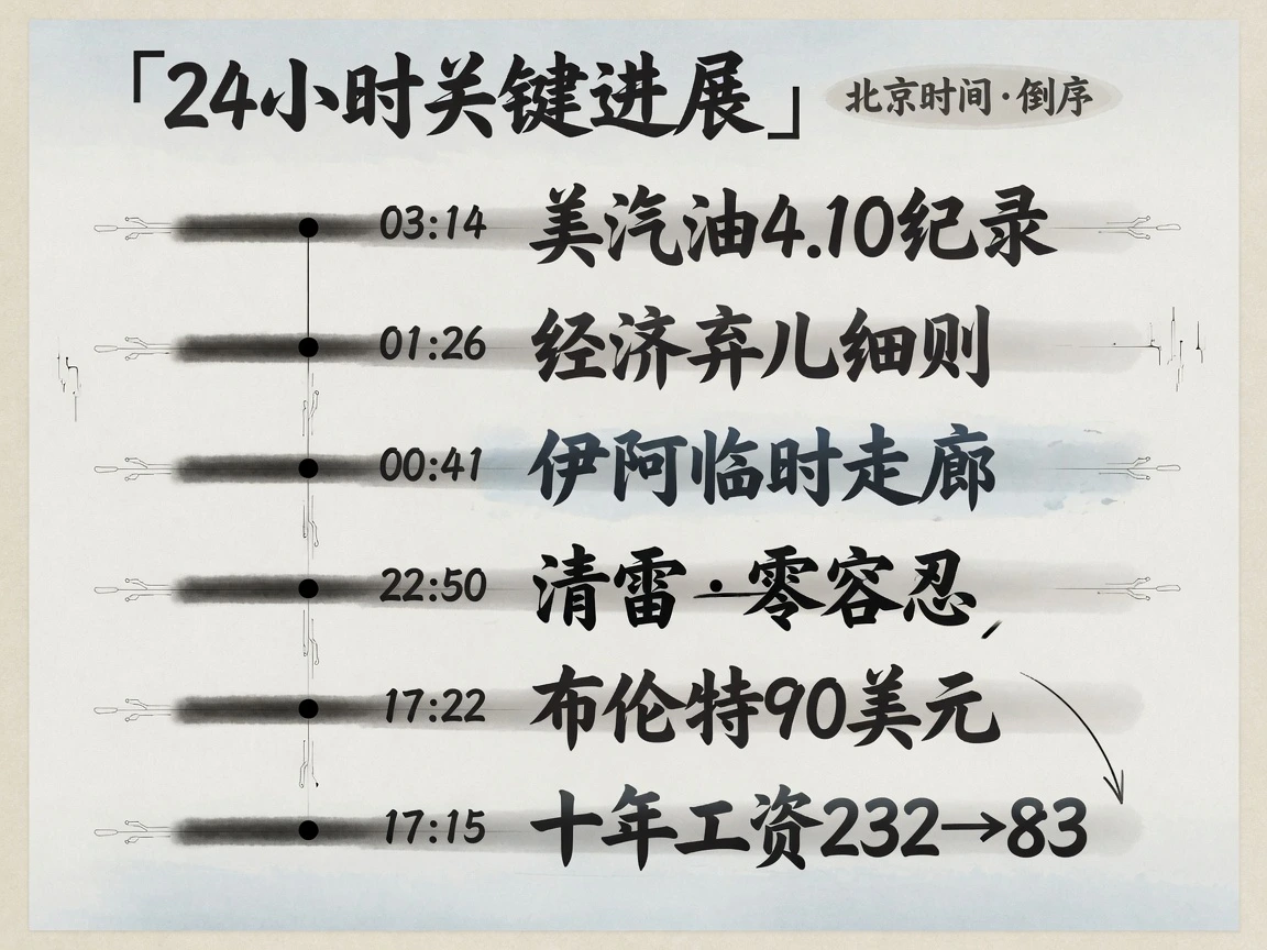 24小时关键进展倒序:美汽油4.10纪录、经济弃儿细则、伊阿临时走廊、清雷零容忍、布伦特90美元、十年工资降至83美元