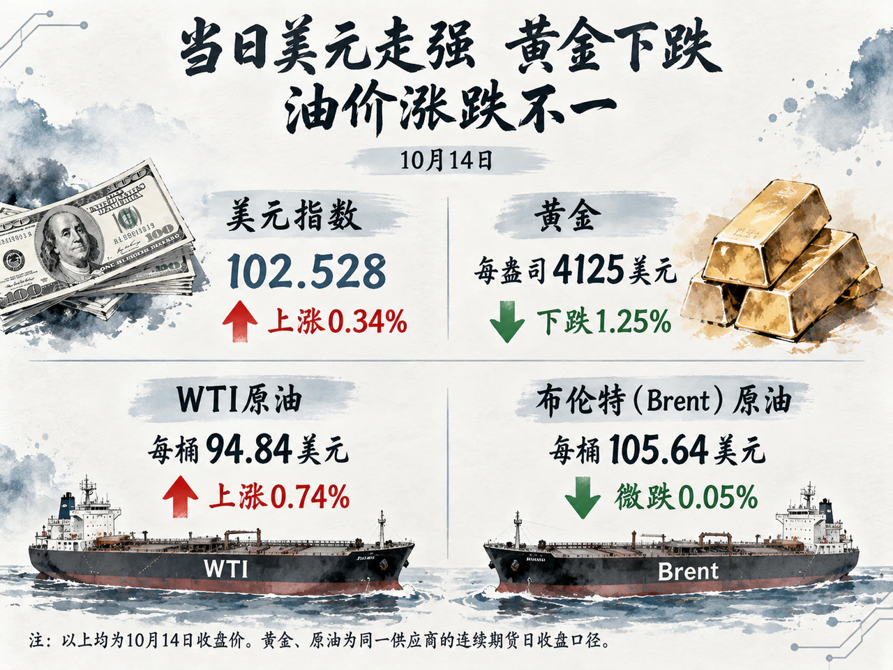 美元与黄金方向相反,油价表现分化