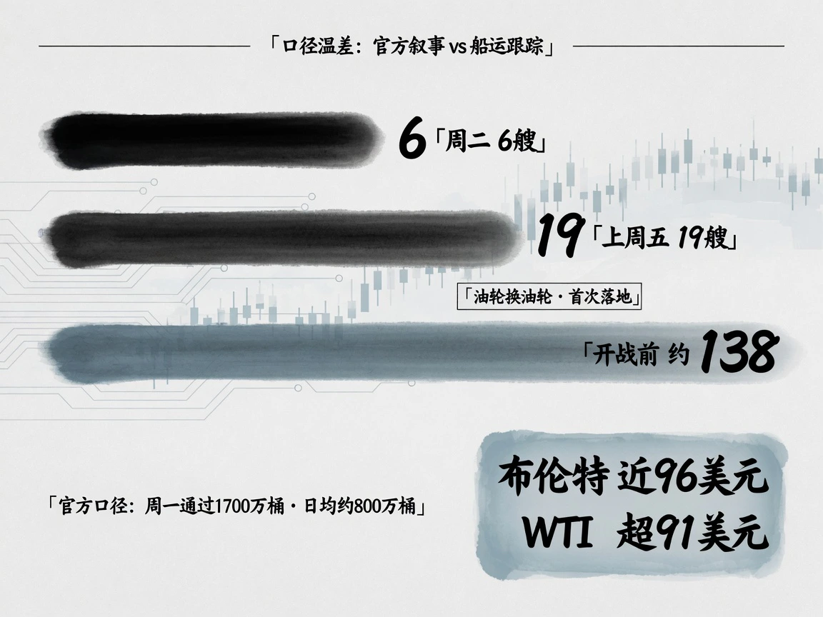 过峡船数对比:周二6艘、上周五19艘、开战前约138艘,布伦特近96美元