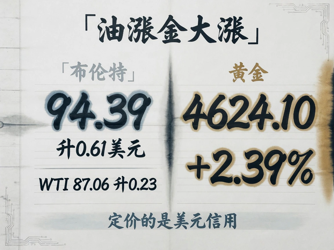 商品两本账：布伦特结算94.39升0.61美元，WTI结算87.06升0.23美元；黄金4624.10涨2.39%