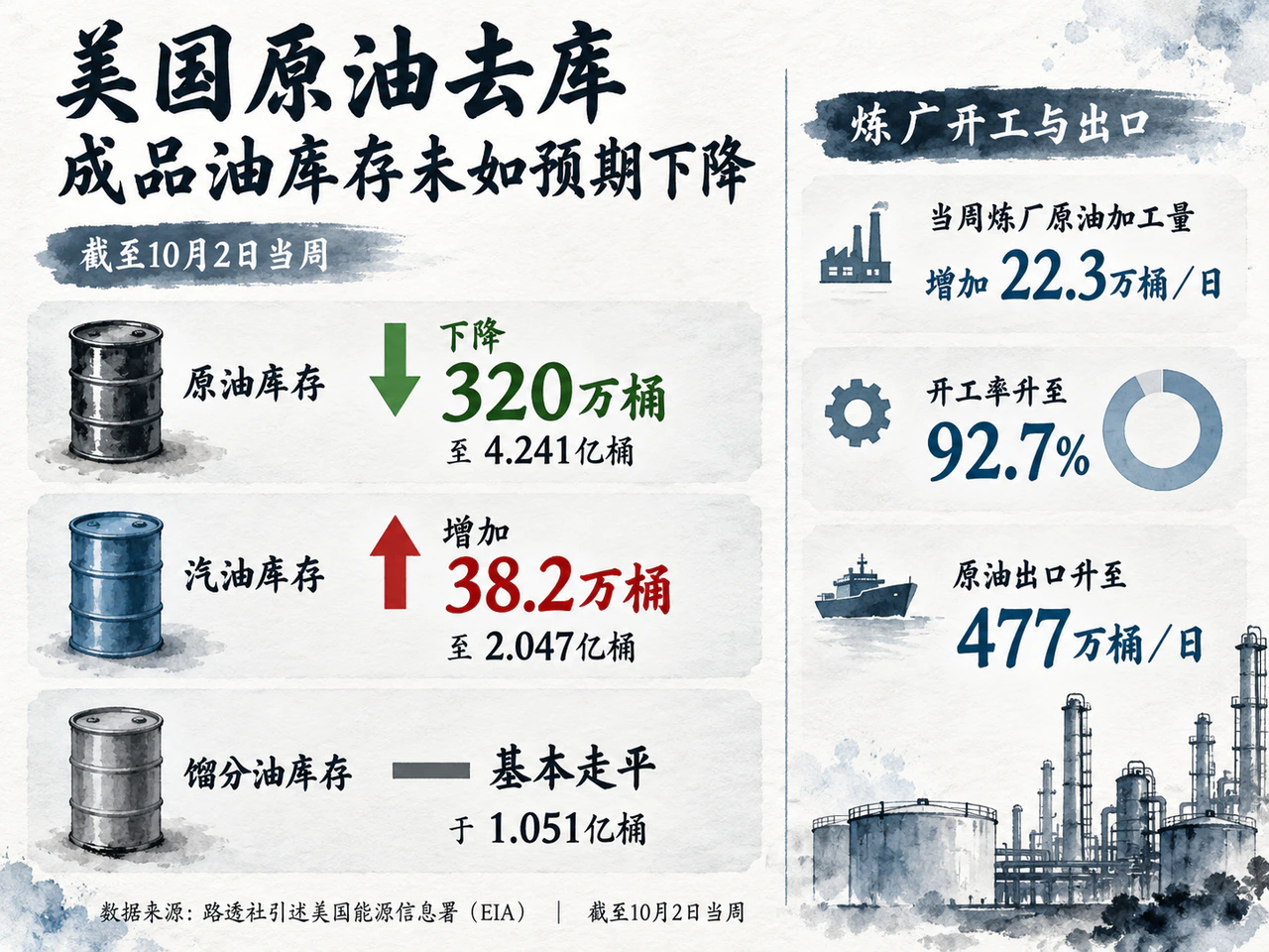 美国原油去库，成品油库存未如预期下降