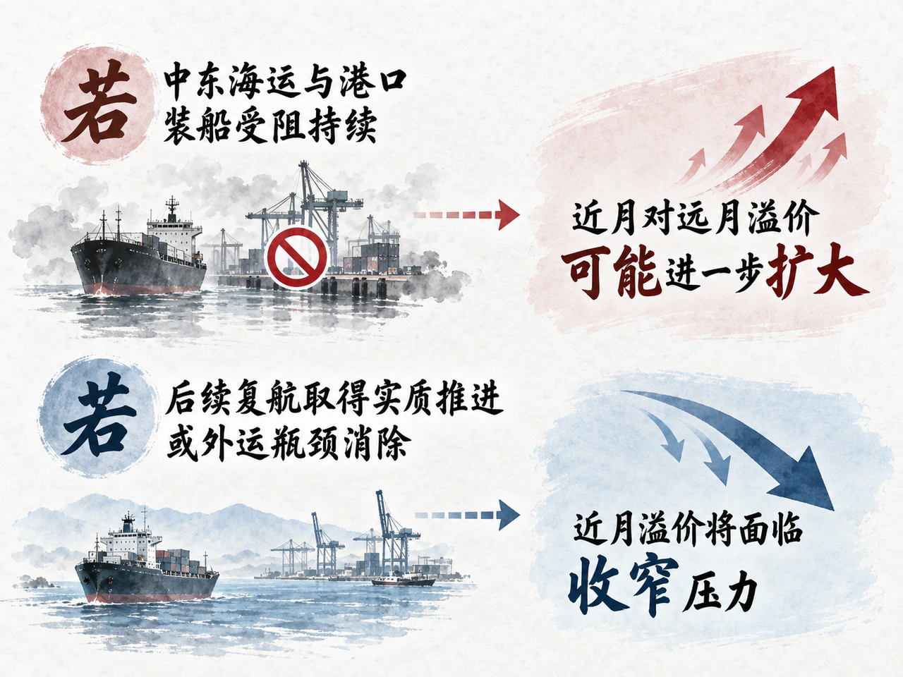 期限结构的条件分析：运输持续受阻与复航推进对应不同的近月溢价压力。
