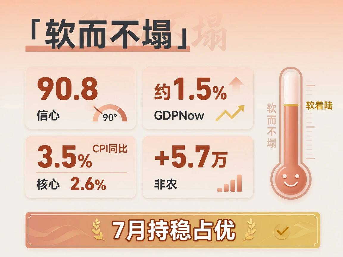 宏观软而不塌:信心90.8、GDPNow约1.5%、CPI同比3.5%核心2.6%、非农+5.7万,7月持稳占优