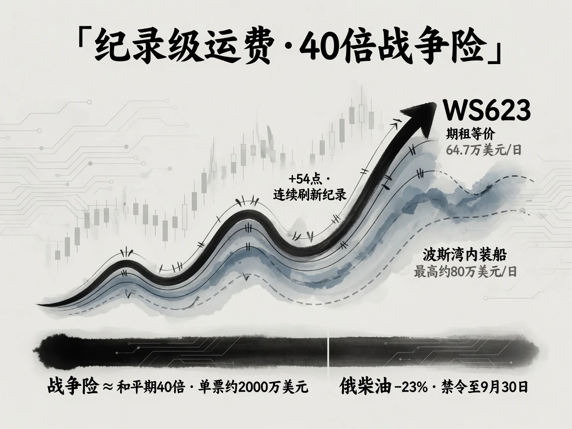 TD3C运费WS623创纪录、期租等价64.7万美元/日,战争险约为40倍,俄柴油产出-23%且出口禁令延至9月30日