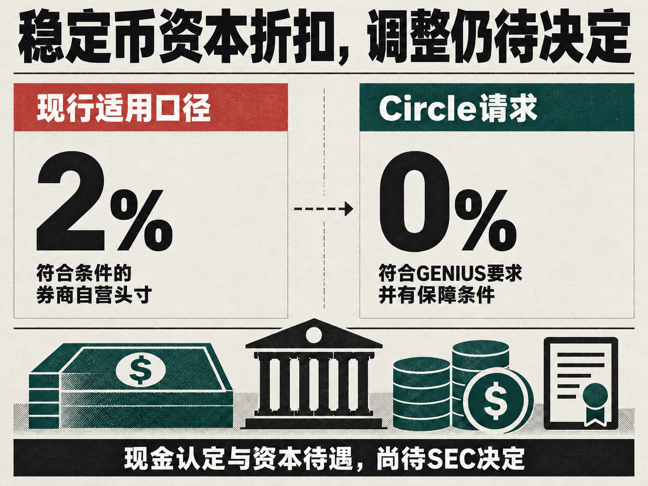 Stablecoin capital haircuts: the currently applicable 2% for qualifying broker-dealer proprietary positions compared with Circle's requested 0% for GENIUS-compliant stablecoins subject to safeguards; an SEC decision is still pending.
