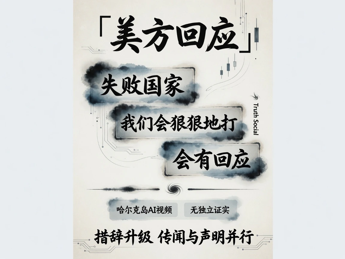 美方表态信息图:「失败国家」「会狠狠地打」「会有回应」的措辞,叠加哈尔克岛AI视频风波