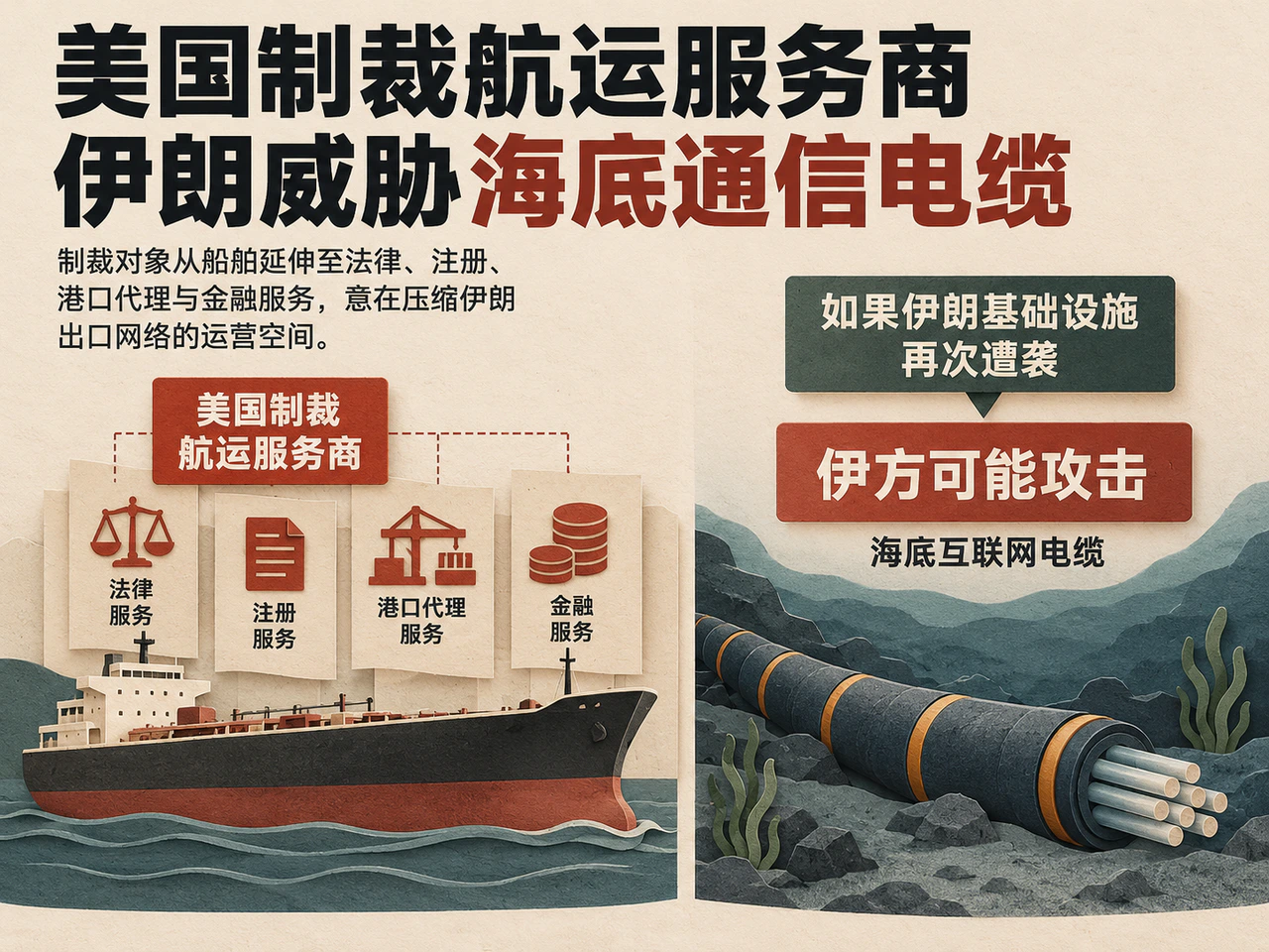 Sanctions cover four shipping service links; Iran conditionally threatens undersea internet cables.