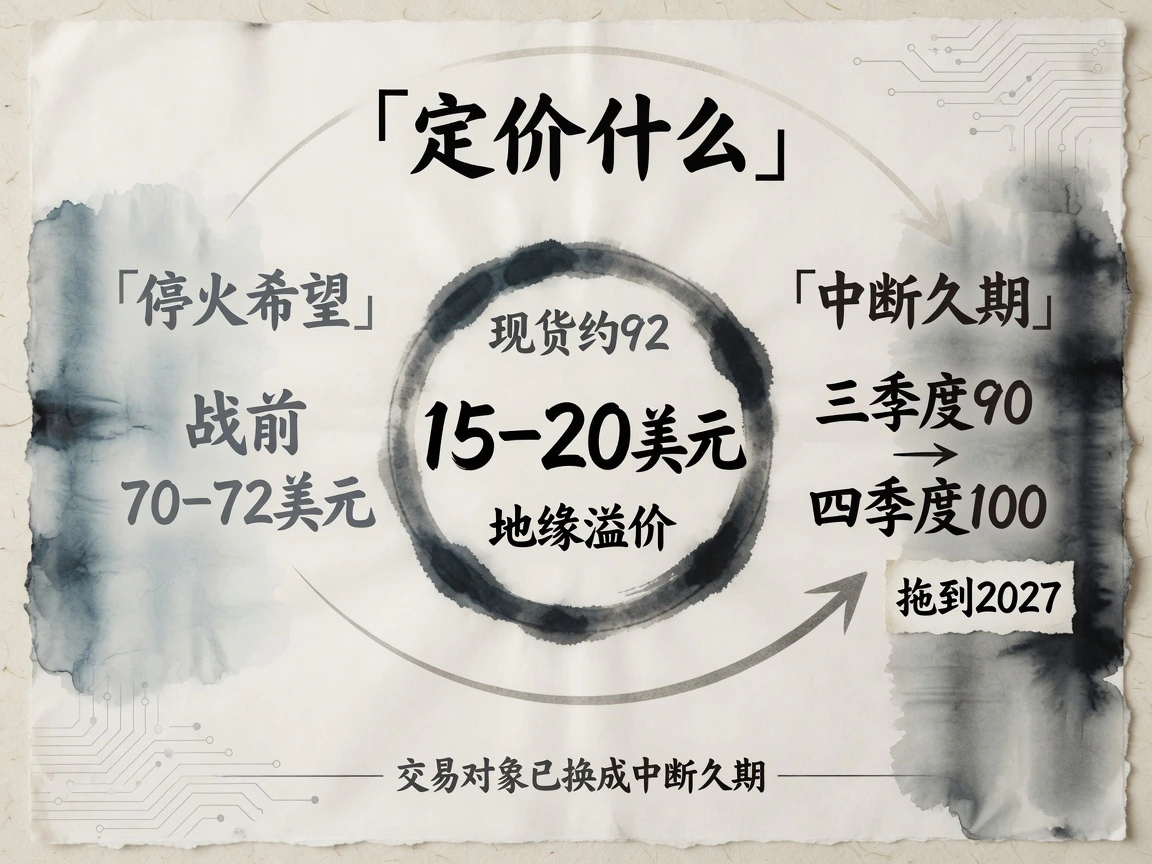 现货约 92 美元对战前 70–72 美元，地缘溢价约 15–20 美元；投行路径三季度 90、四季度 100，拖到 2027