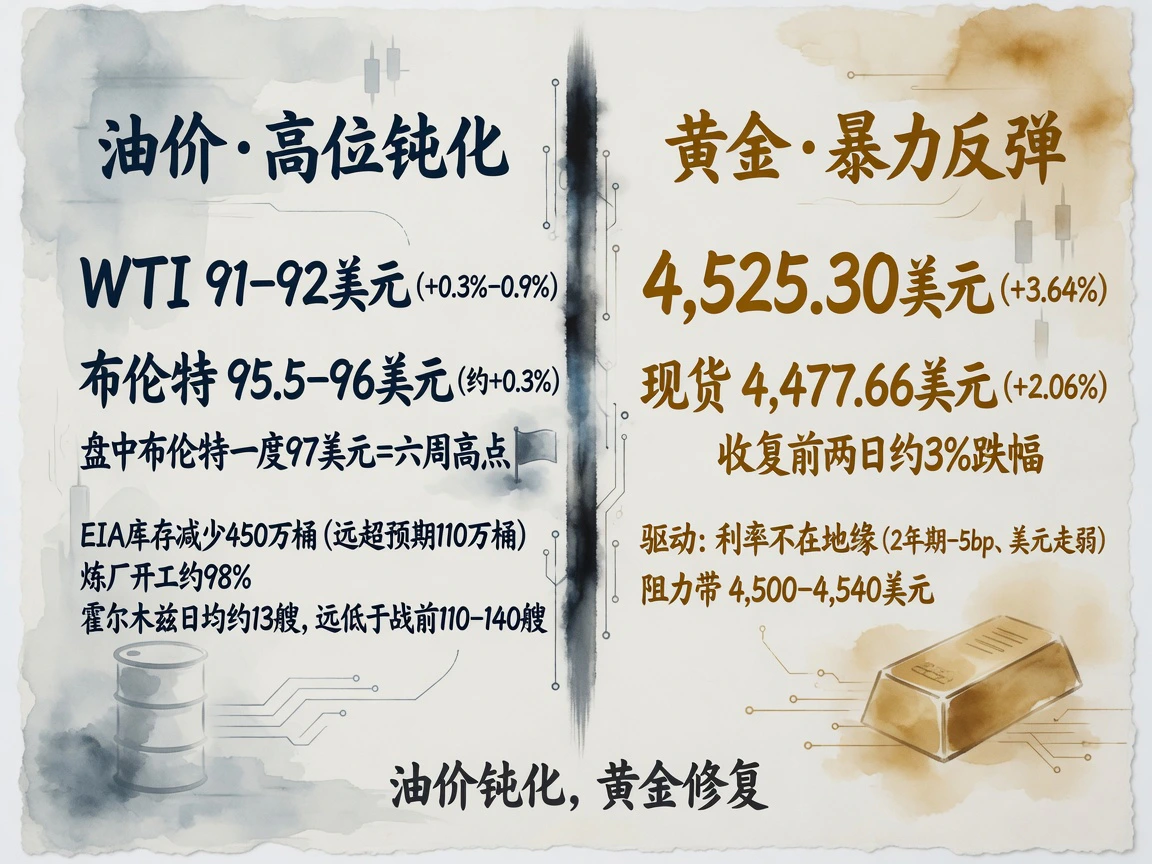 商品：油价高位钝化（布伦特95.5-96美元、库存-450万桶）vs 黄金暴力反弹（4,525.30美元，+3.64%）