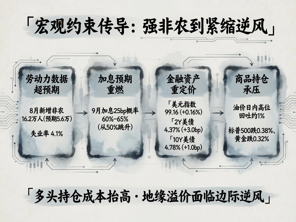 宏观约束传导流程:8月强非农16.2万人远超预期,9月加息概率升至60%-65%,美元指数99.16与2Y美债收益率4.37%走强,抬高多头资金成本压制油价日内回吐1%