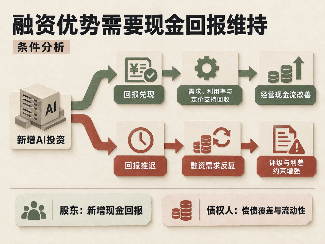 条件分析:新增AI投资的现金回报影响持续融资能力,回报兑现与回报推迟对应不同现金覆盖和融资约束