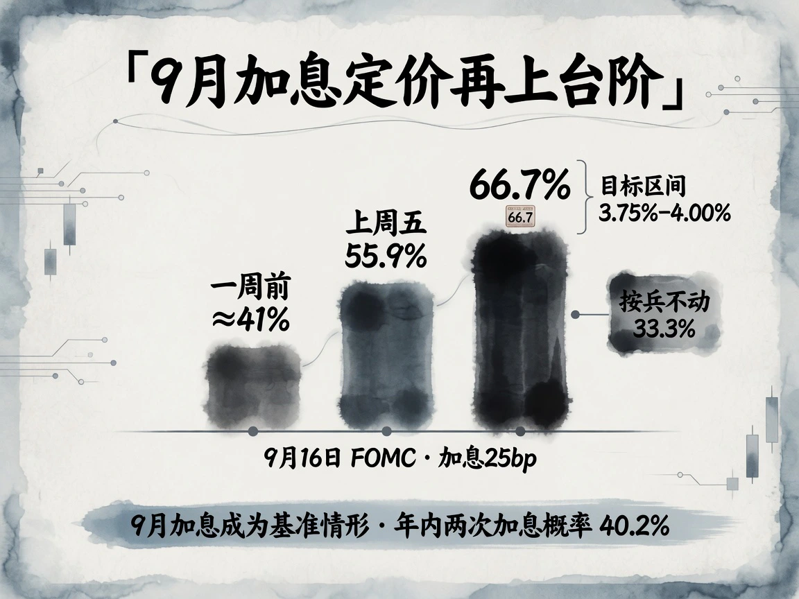 加息定价再上台阶:9月加息概率由一周前约41%升至8月31日66.7%,按兵不动33.3%,目标区间3.75%–4.00%,9月16日FOMC