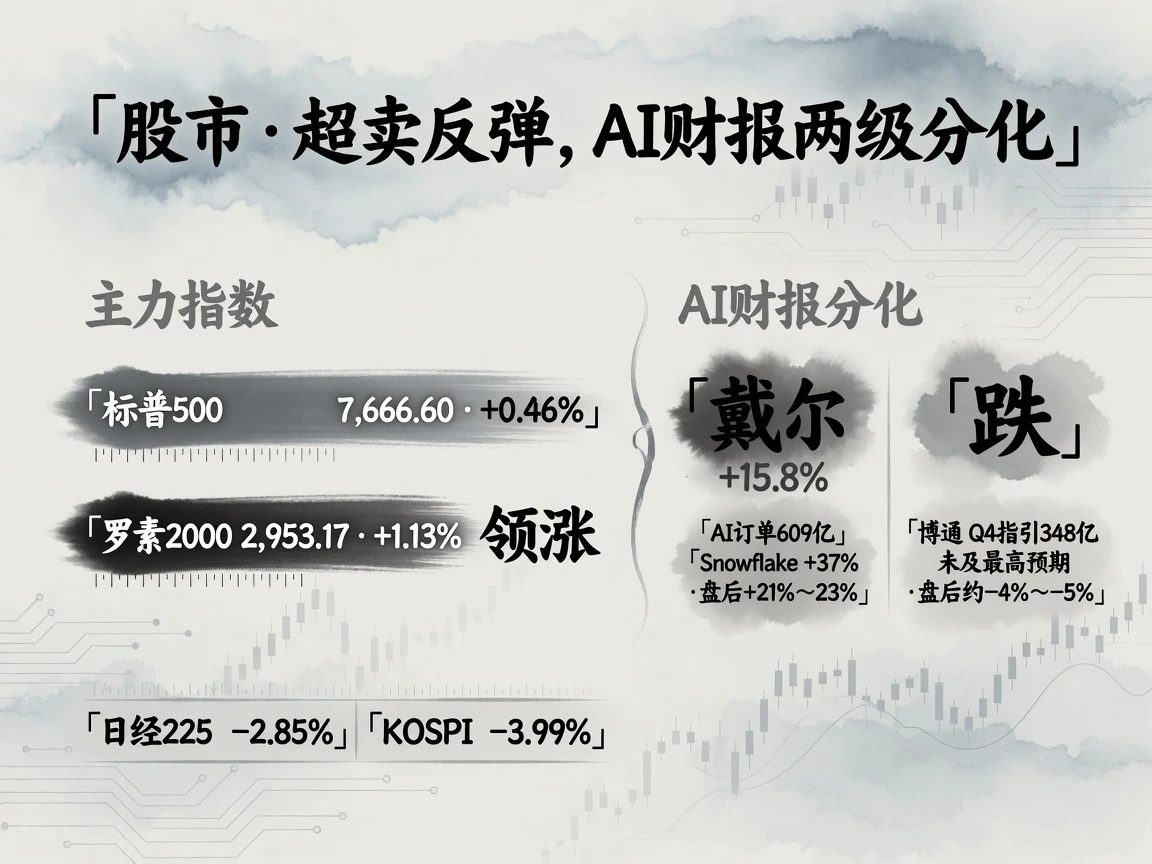 股市章图:超卖反弹下标普500 +0.46%、罗素2000 +1.13%领涨;AI财报两级分化,戴尔+15.8%、Snowflake盘后+21%23%,博通盘后约-4%-5%